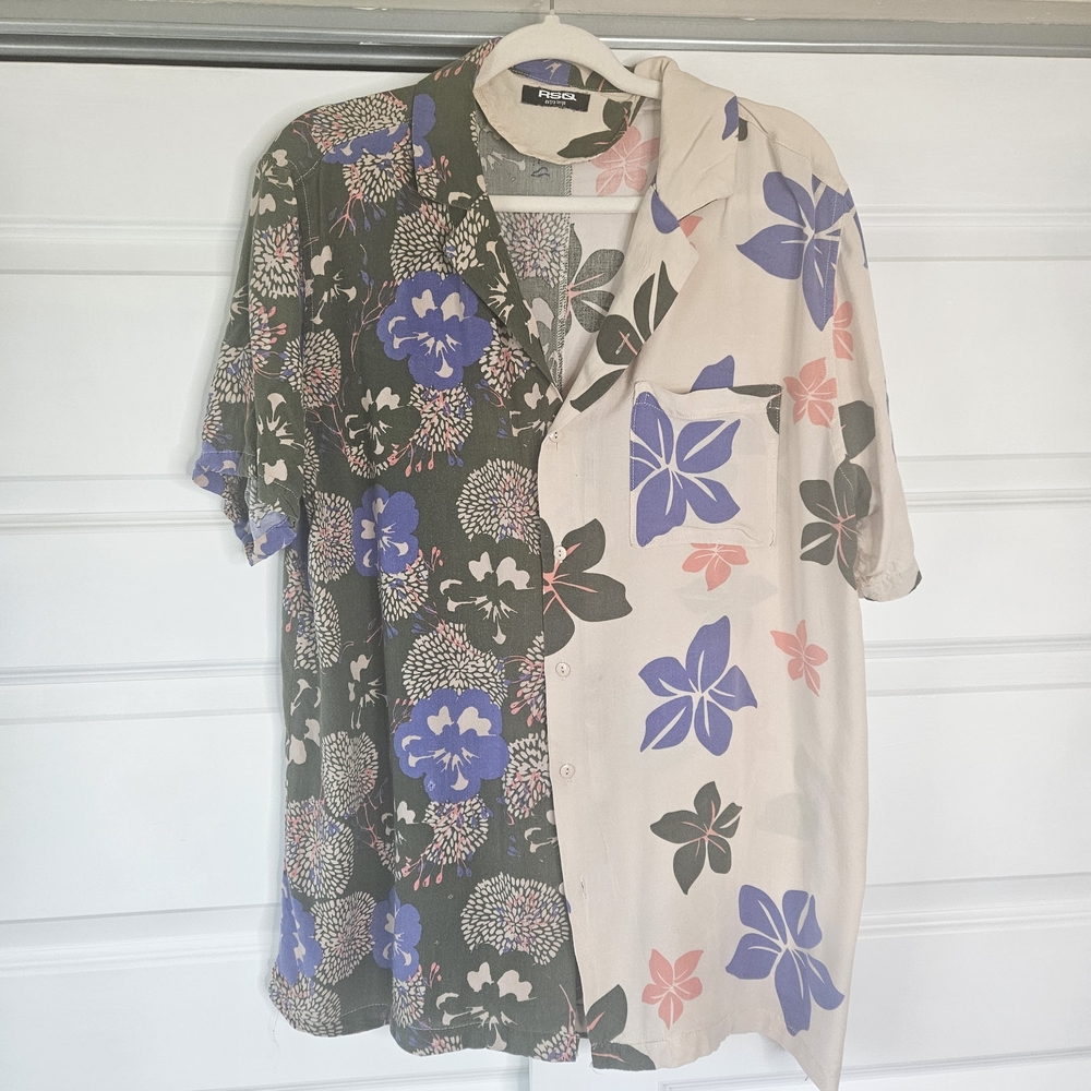 RSQ Floral Patchwork Split Print Short Sleeve Button Down Shirt XL